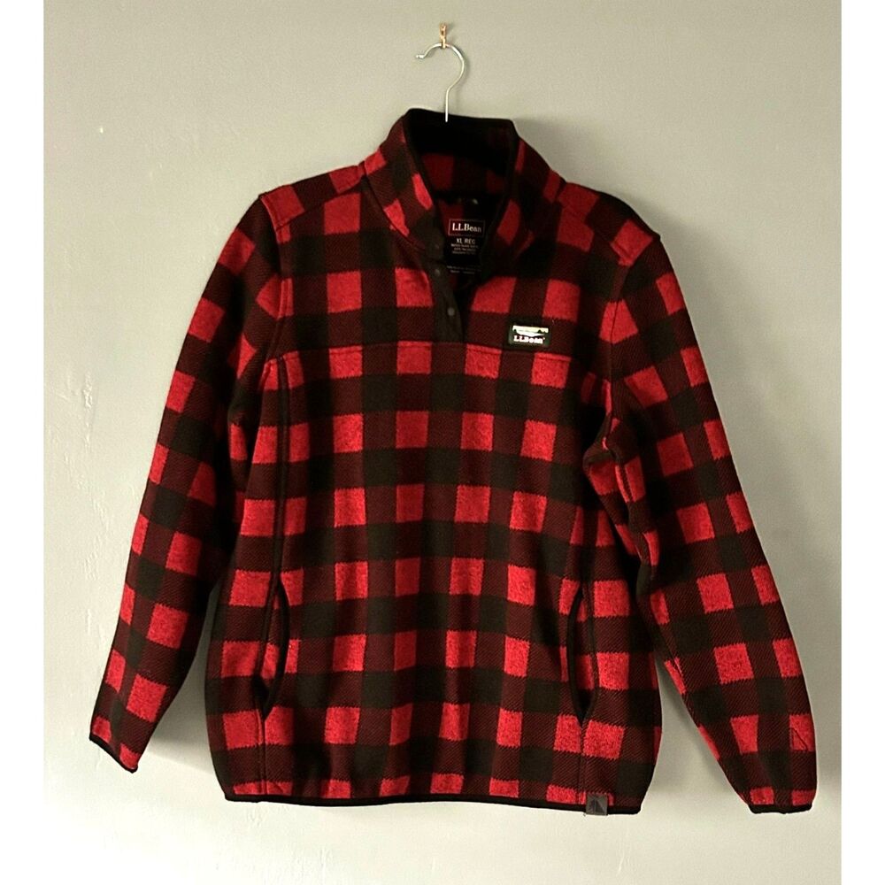 LL Bean women's 1/4 snap pullover red black plaid jacket side pockets size XL